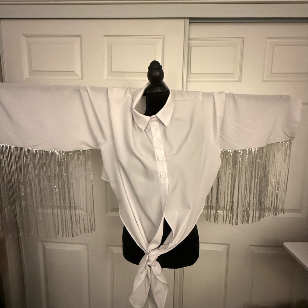 White Button-Up Fringe Tie-Front Top